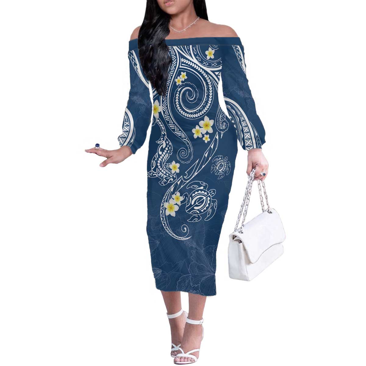 Polynesia Tribal Family Matching Off The Shoulder Long Sleeve Dress and Hawaiian Shirt Deep Blue Plumeria Tentacles LT7 - Polynesian Pride