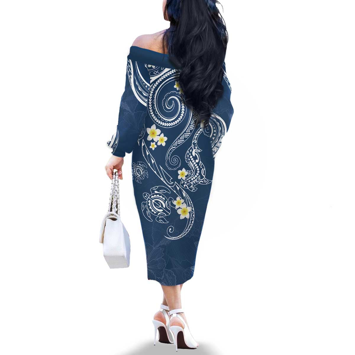 Polynesia Tribal Family Matching Off The Shoulder Long Sleeve Dress and Hawaiian Shirt Deep Blue Plumeria Tentacles LT7 - Polynesian Pride