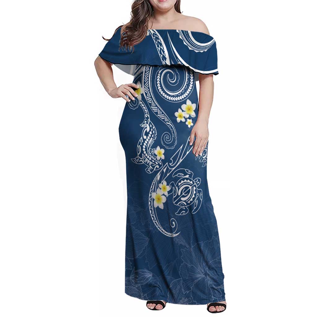 Polynesia Tribal Family Matching Off Shoulder Maxi Dress and Hawaiian Shirt Deep Blue Plumeria Tentacles LT7 Mom's Dress Blue - Polynesian Pride