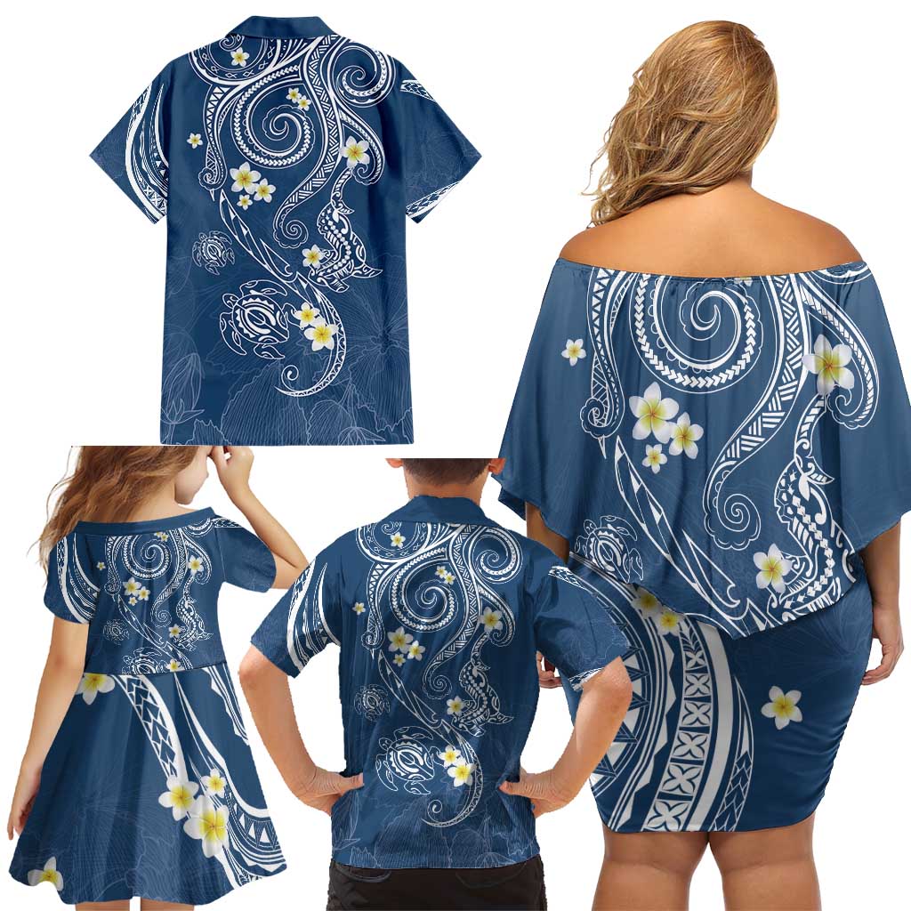 Polynesia Tribal Family Matching Off Shoulder Short Dress and Hawaiian Shirt Deep Blue Plumeria Tentacles LT7 - Polynesian Pride