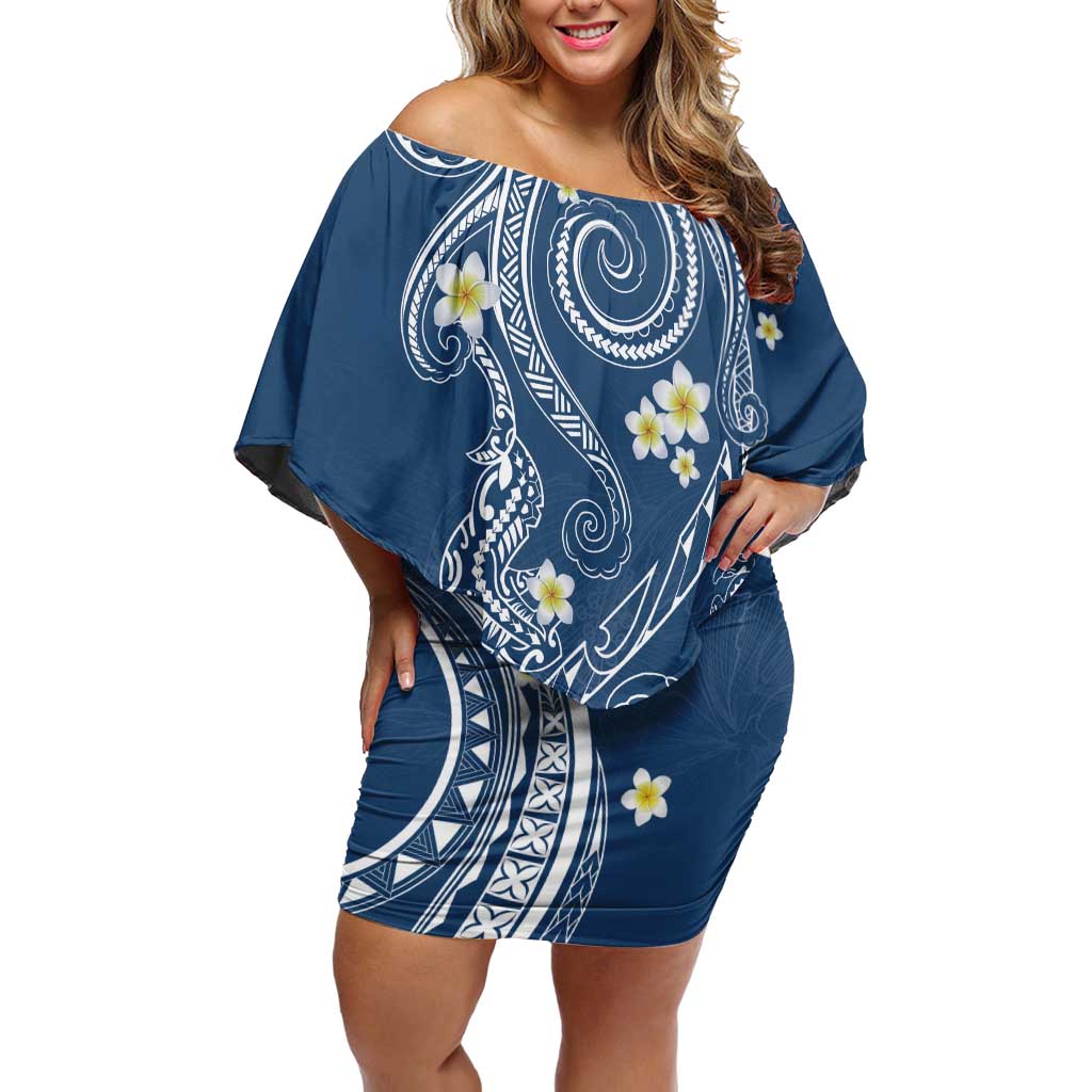 Polynesia Tribal Family Matching Off Shoulder Short Dress and Hawaiian Shirt Deep Blue Plumeria Tentacles LT7 Mom's Dress Blue - Polynesian Pride