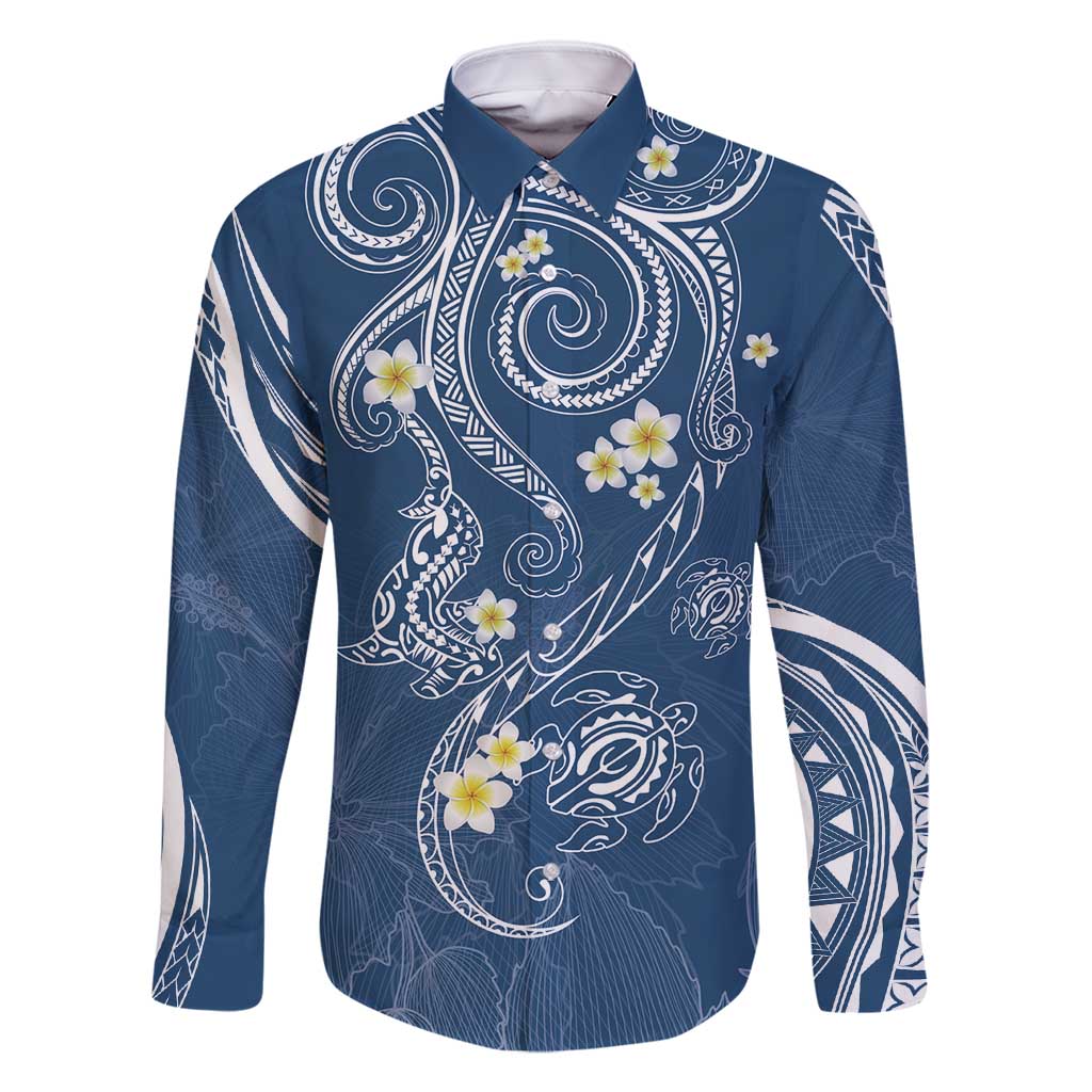 Polynesia Tribal Family Matching Summer Maxi Dress and Hawaiian Shirt Deep Blue Plumeria Tentacles LT7 Dad's Shirt - Long Sleeve Blue - Polynesian Pride
