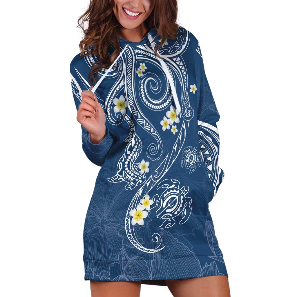 Polynesia Tribal Hoodie Dress Deep Blue Plumeria Tentacles LT7 Blue - Polynesian Pride