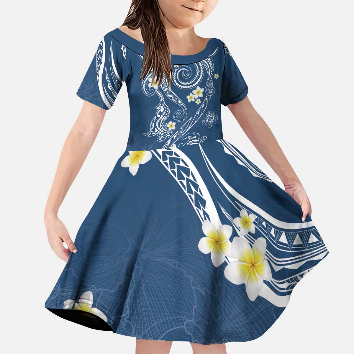 Polynesia Tribal Kid Short Sleeve Dress Deep Blue Plumeria Tentacles LT7 KID Blue - Polynesian Pride
