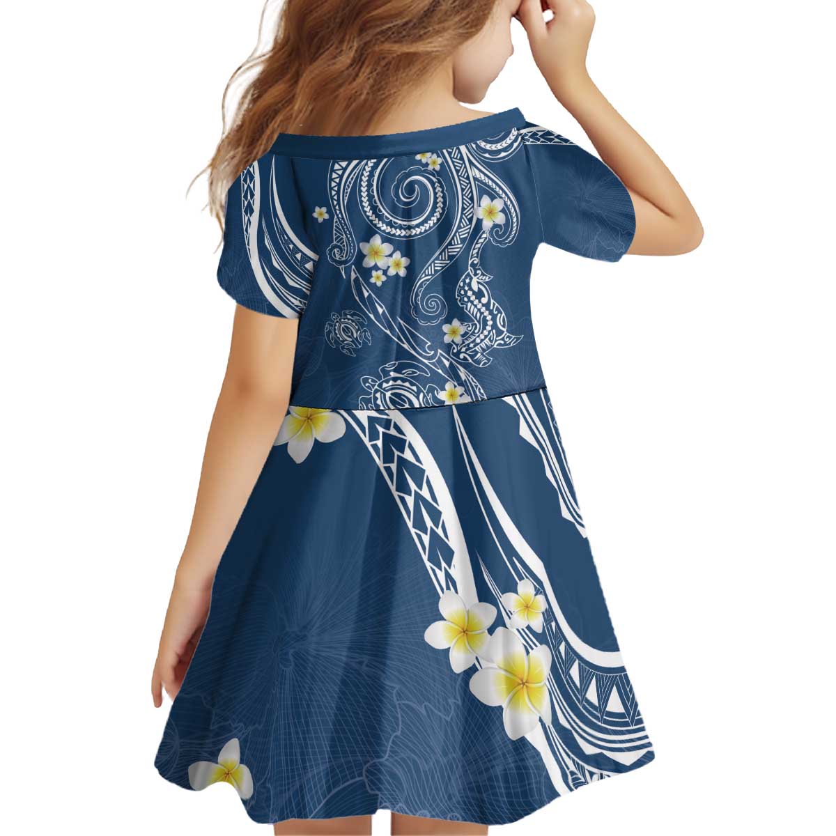 Polynesia Tribal Kid Short Sleeve Dress Deep Blue Plumeria Tentacles LT7 - Polynesian Pride