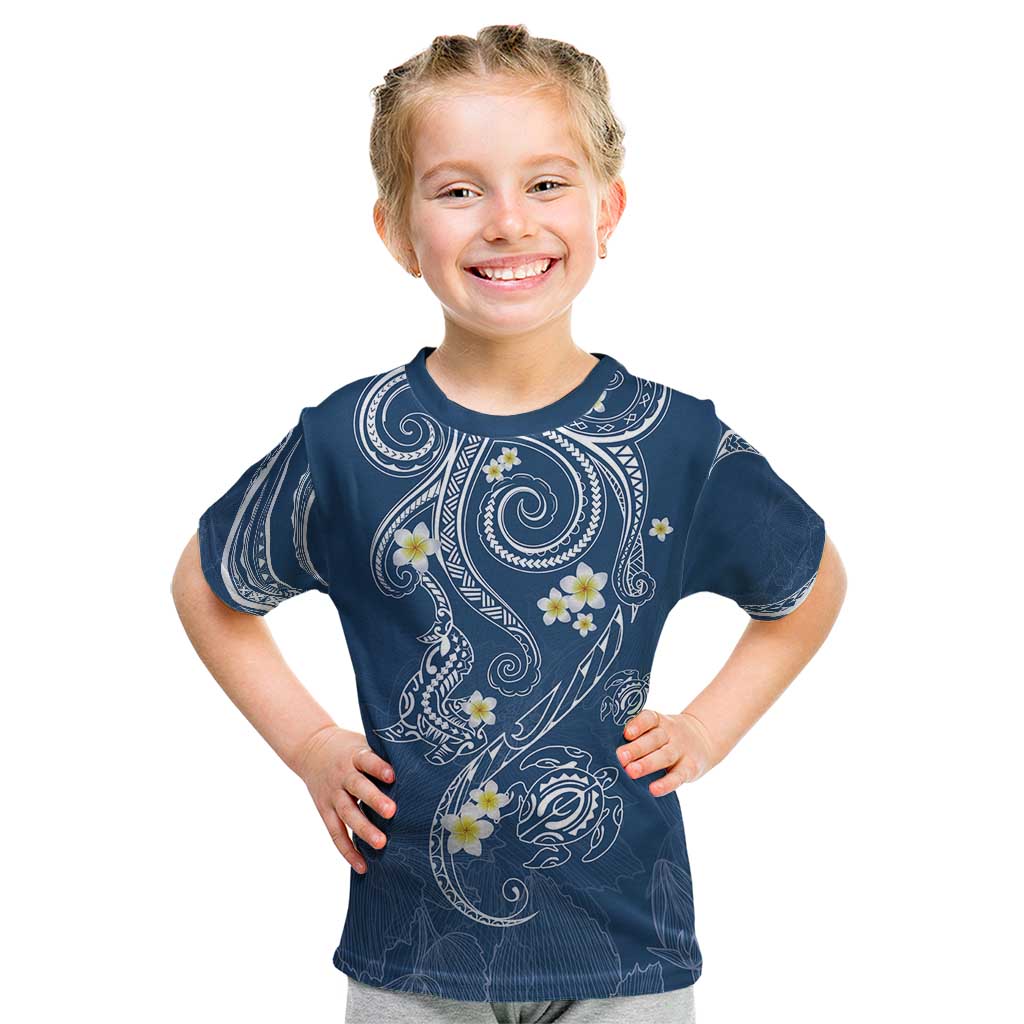 Polynesia Tribal Kid T Shirt Deep Blue Plumeria Tentacles LT7 Blue - Polynesian Pride