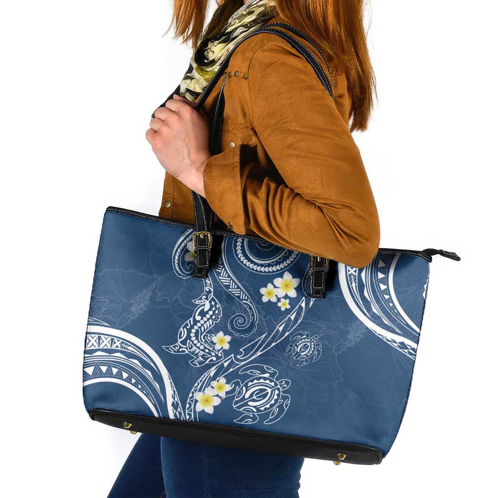 Polynesia Tribal Leather Tote Bag Deep Blue Plumeria Tentacles LT7 Blue - Polynesian Pride