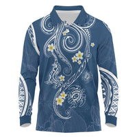 Polynesia Tribal Long Sleeve Polo Shirt Deep Blue Plumeria Tentacles LT7 Blue - Polynesian Pride