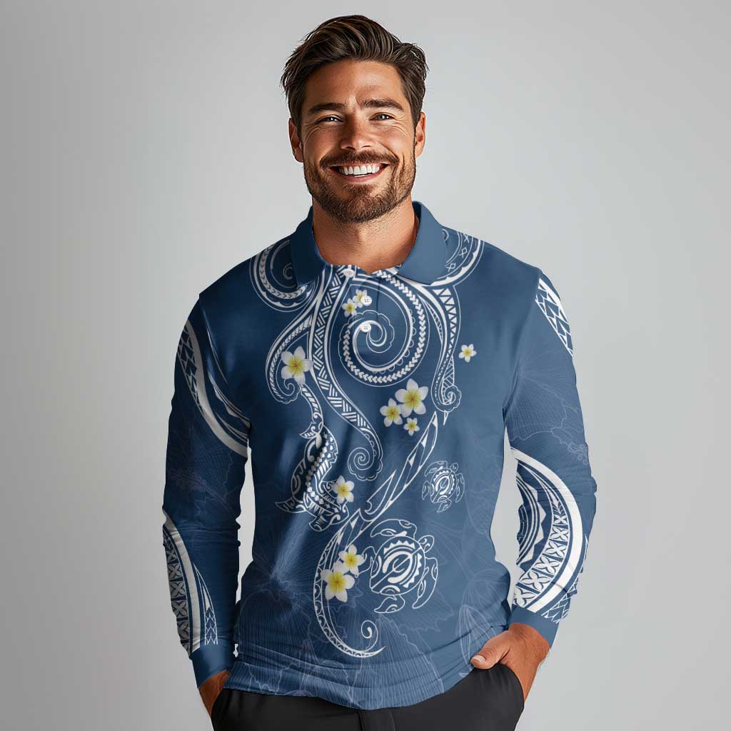 Polynesia Tribal Long Sleeve Polo Shirt Deep Blue Plumeria Tentacles LT7 - Polynesian Pride