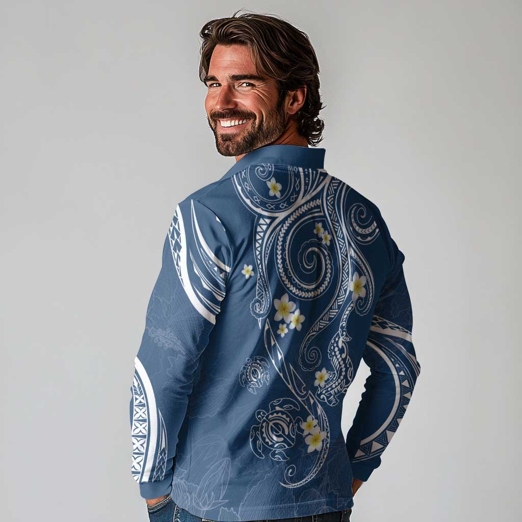 Polynesia Tribal Long Sleeve Polo Shirt Deep Blue Plumeria Tentacles LT7 - Polynesian Pride