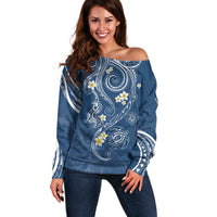 Polynesia Tribal Off Shoulder Sweater Deep Blue Plumeria Tentacles LT7 Women Blue - Polynesian Pride