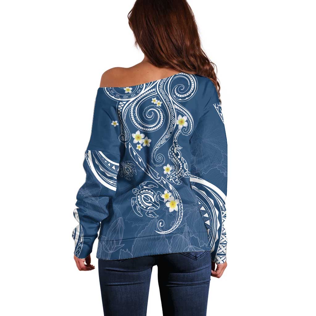 Polynesia Tribal Off Shoulder Sweater Deep Blue Plumeria Tentacles LT7 - Polynesian Pride