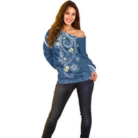 Polynesia Tribal Off Shoulder Sweater Deep Blue Plumeria Tentacles LT7 - Polynesian Pride