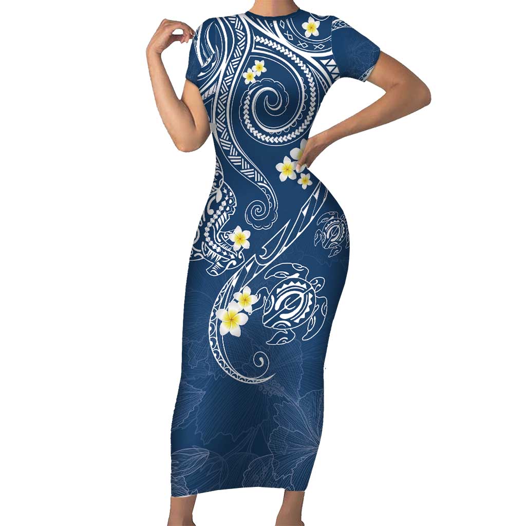 Polynesia Tribal Short Sleeve Bodycon Dress Deep Blue Plumeria Tentacles LT7 Long Dress Blue - Polynesian Pride
