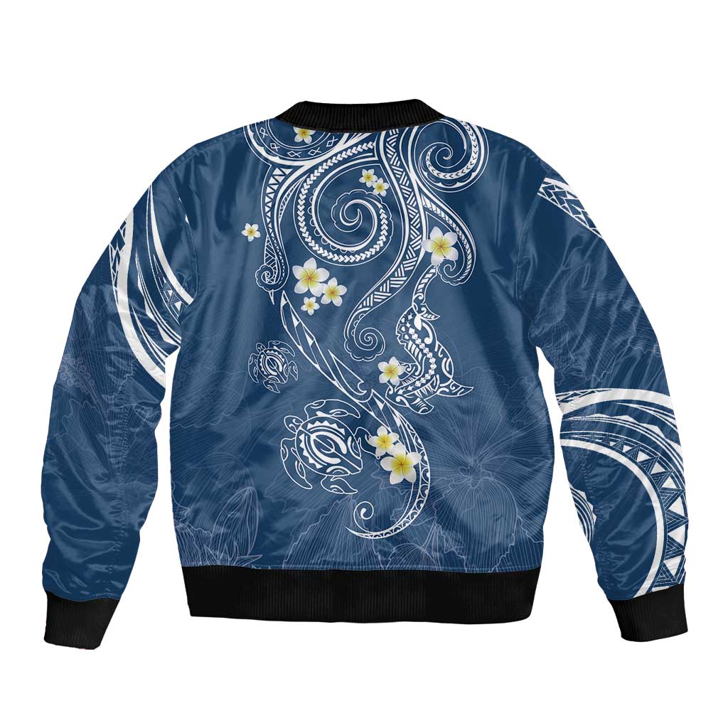 Polynesia Tribal Sleeve Zip Bomber Jacket Deep Blue Plumeria Tentacles LT7 - Polynesian Pride