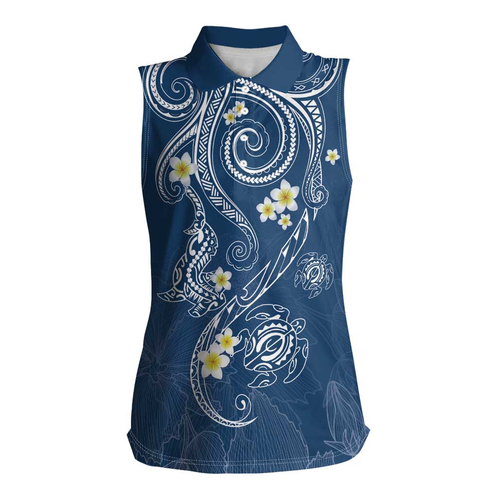 Polynesia Tribal Women Sleeveless Polo Shirt Deep Blue Plumeria Tentacles LT7 Female Blue - Polynesian Pride