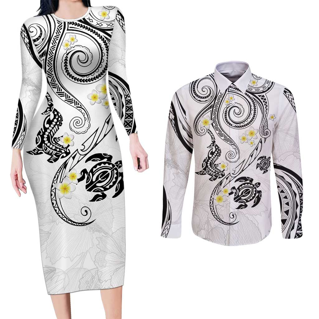 Polynesia Tribal Couples Matching Long Sleeve Bodycon Dress and Long Sleeve Button Shirt White Plumeria Tentacles LT7 White - Polynesian Pride