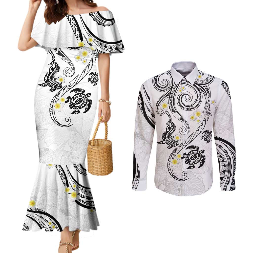 Polynesia Tribal Couples Matching Mermaid Dress and Long Sleeve Button Shirt White Plumeria Tentacles LT7 White - Polynesian Pride