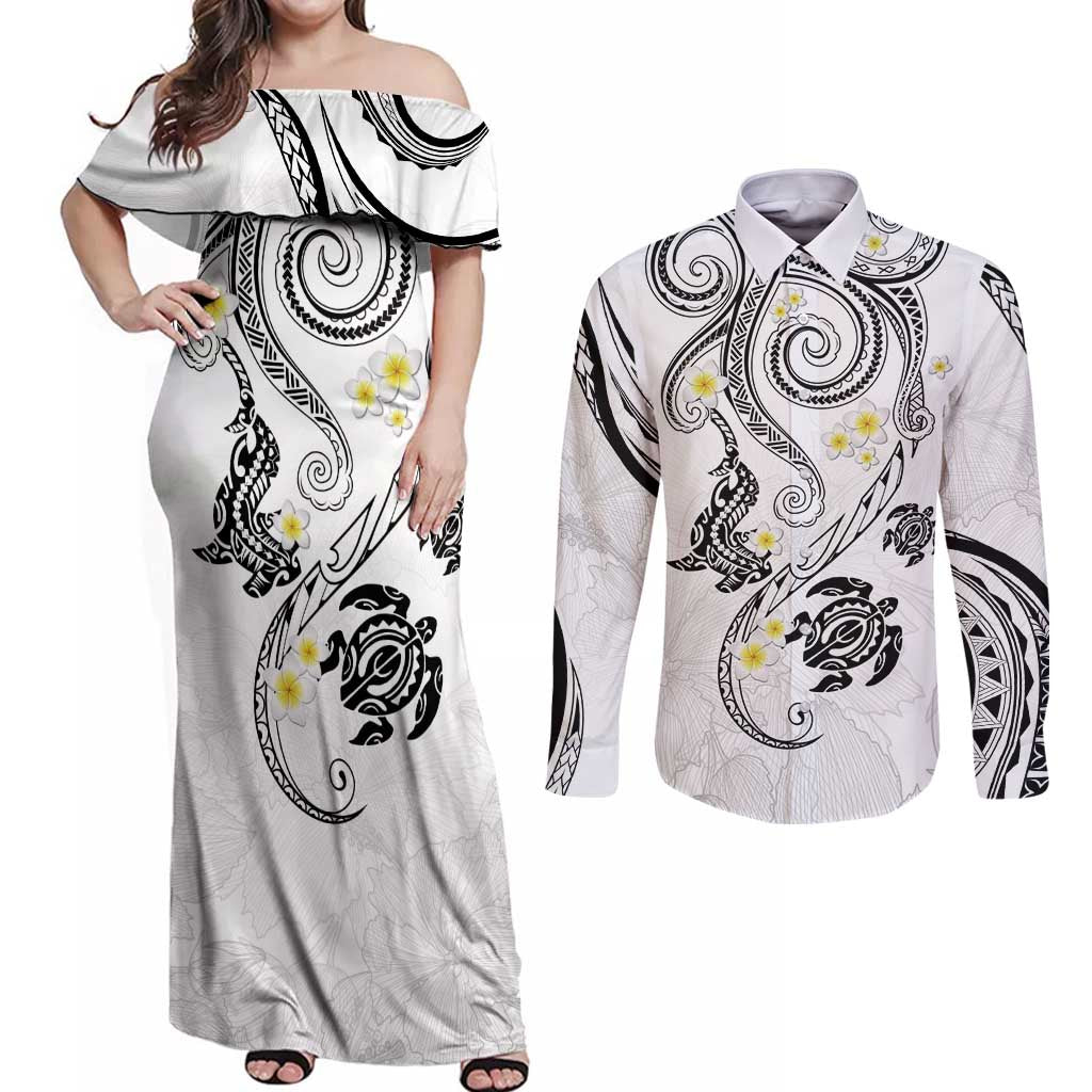 Polynesia Tribal Couples Matching Off Shoulder Maxi Dress and Long Sleeve Button Shirt White Plumeria Tentacles LT7 White - Polynesian Pride