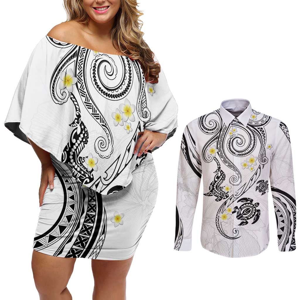Polynesia Tribal Couples Matching Off Shoulder Short Dress and Long Sleeve Button Shirt White Plumeria Tentacles LT7 White - Polynesian Pride