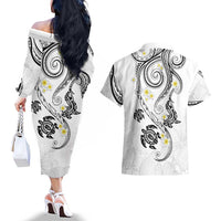 Polynesia Tribal Couples Matching Off The Shoulder Long Sleeve Dress and Hawaiian Shirt White Plumeria Tentacles LT7 - Polynesian Pride