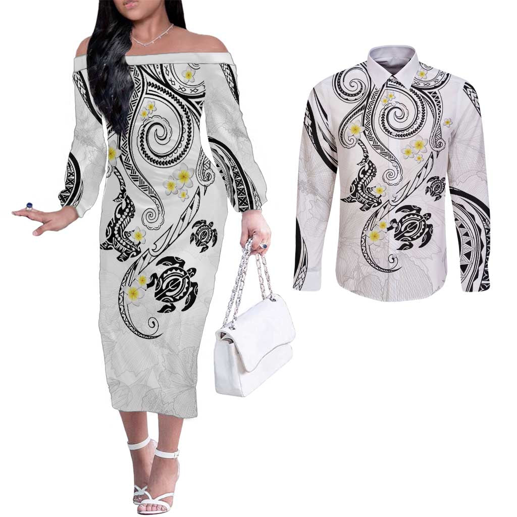 Polynesia Tribal Couples Matching Off The Shoulder Long Sleeve Dress and Long Sleeve Button Shirt White Plumeria Tentacles LT7 White - Polynesian Pride