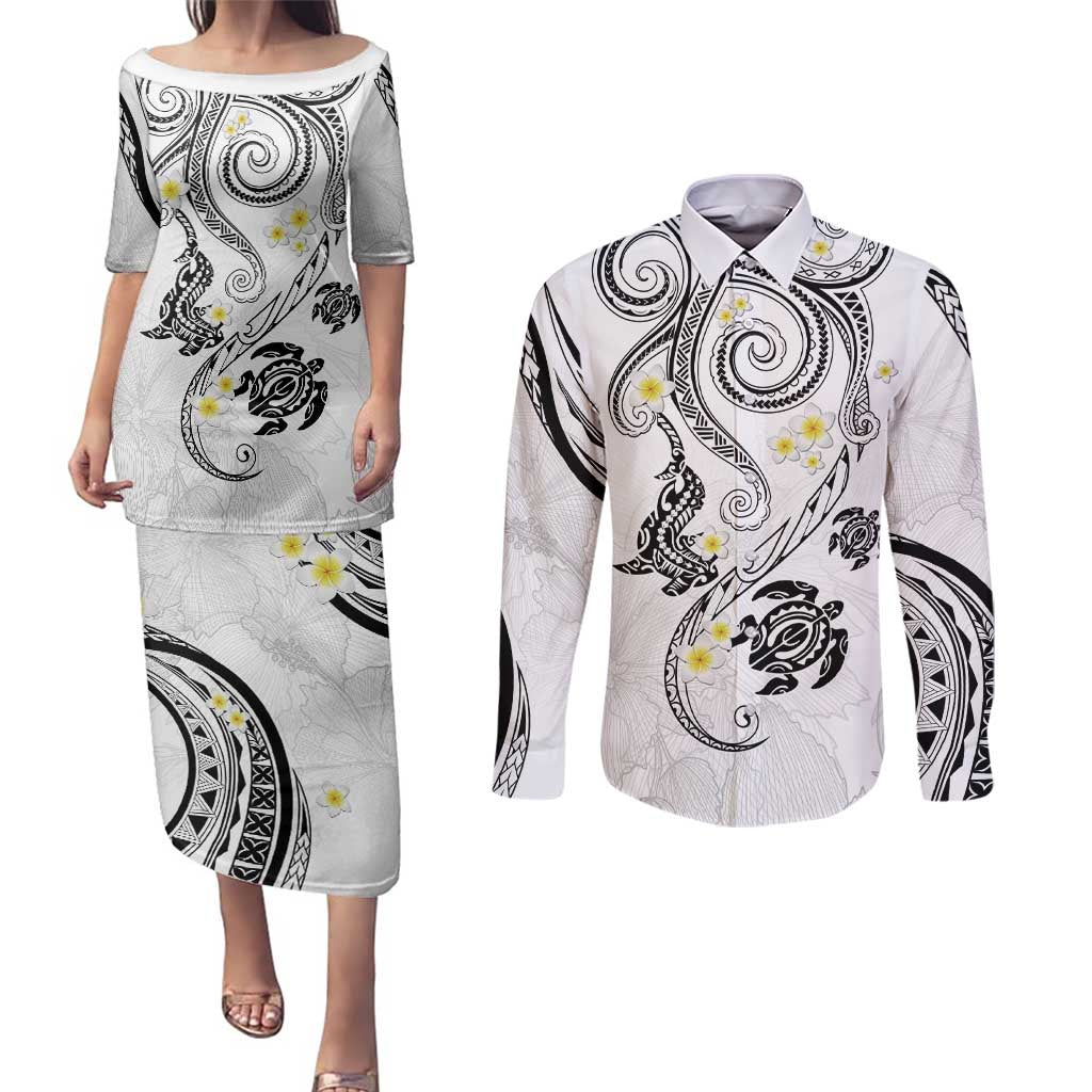 Polynesia Tribal Couples Matching Puletasi and Long Sleeve Button Shirt White Plumeria Tentacles LT7 White - Polynesian Pride