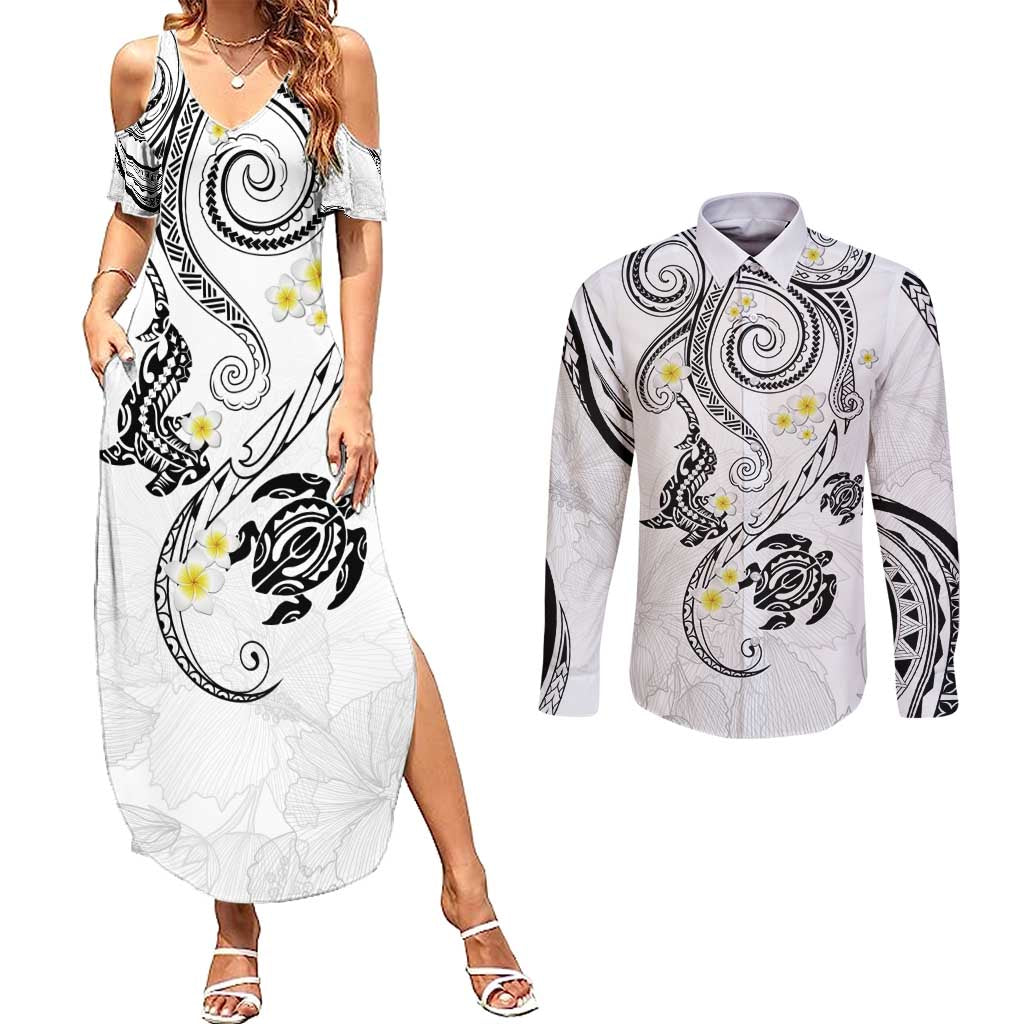 Polynesia Tribal Couples Matching Summer Maxi Dress and Long Sleeve Button Shirt White Plumeria Tentacles LT7 White - Polynesian Pride