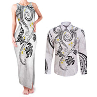 Polynesia Tribal Couples Matching Tank Maxi Dress and Long Sleeve Button Shirt White Plumeria Tentacles LT7 White - Polynesian Pride