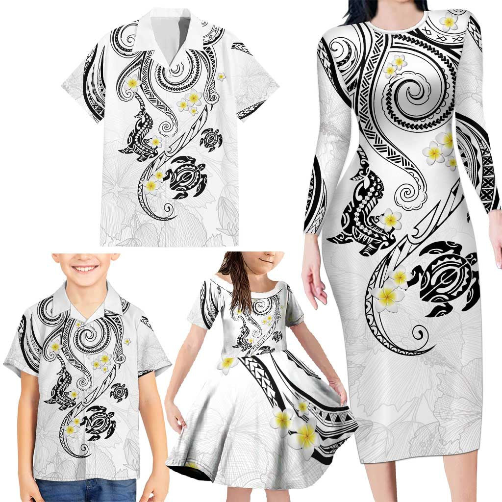 Polynesia Tribal Family Matching Long Sleeve Bodycon Dress and Hawaiian Shirt White Plumeria Tentacles LT7 - Polynesian Pride