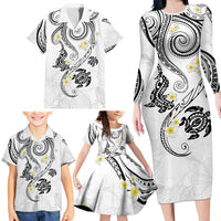 Polynesia Tribal Family Matching Long Sleeve Bodycon Dress and Hawaiian Shirt White Plumeria Tentacles LT7 - Polynesian Pride