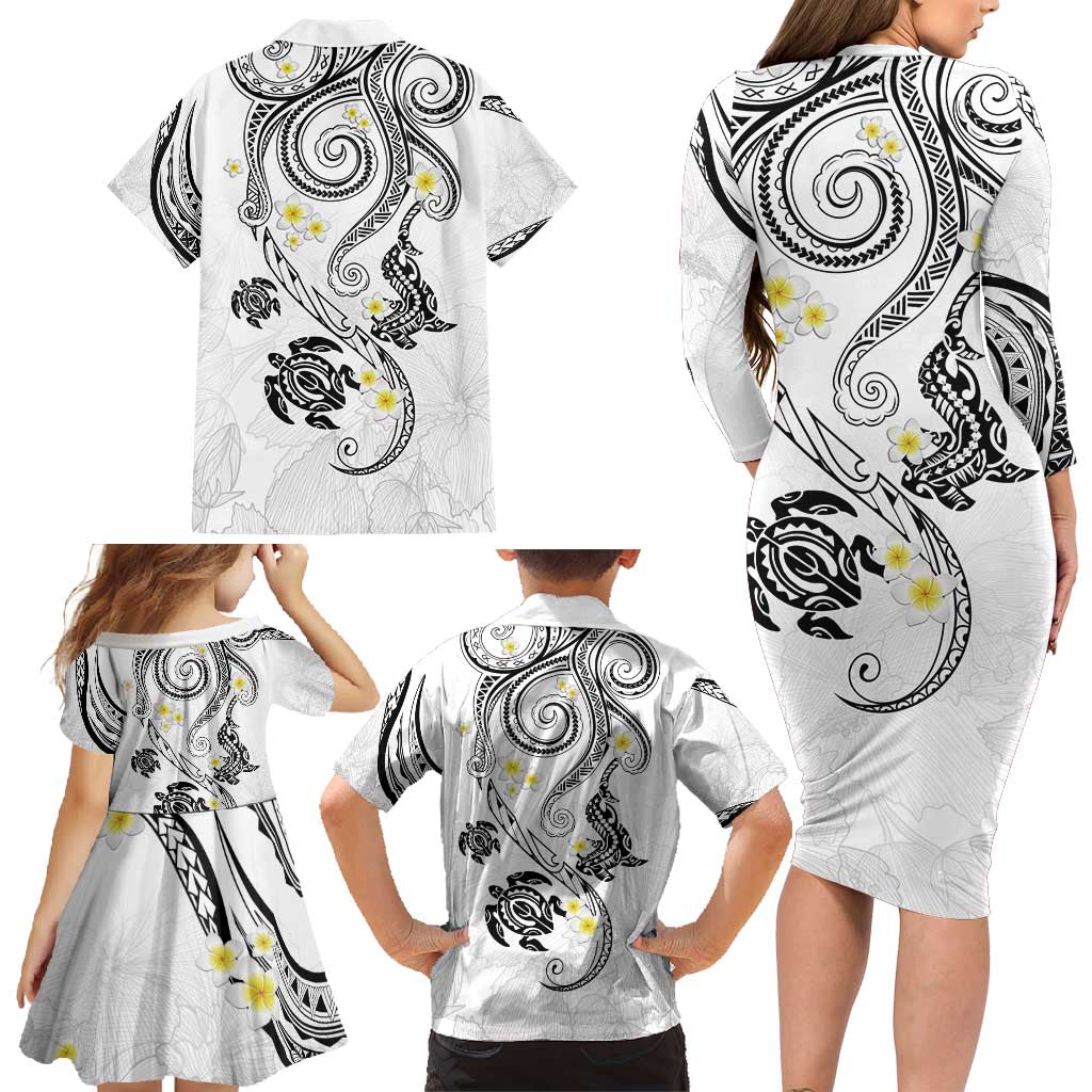 Polynesia Tribal Family Matching Long Sleeve Bodycon Dress and Hawaiian Shirt White Plumeria Tentacles LT7 - Polynesian Pride
