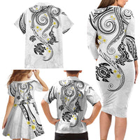 Polynesia Tribal Family Matching Long Sleeve Bodycon Dress and Hawaiian Shirt White Plumeria Tentacles LT7 - Polynesian Pride