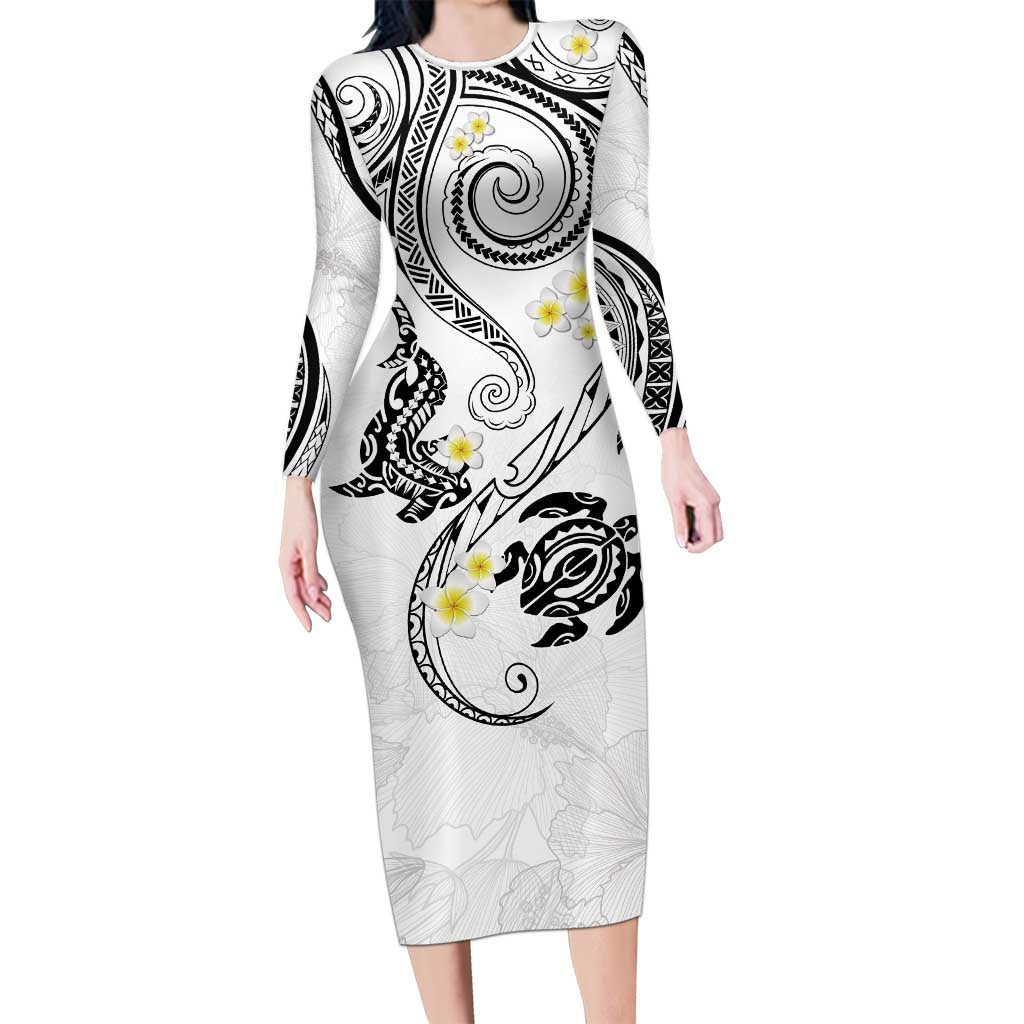 Polynesia Tribal Family Matching Long Sleeve Bodycon Dress and Hawaiian Shirt White Plumeria Tentacles LT7 Mom's Dress White - Polynesian Pride