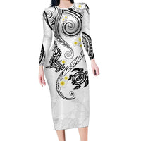 Polynesia Tribal Family Matching Long Sleeve Bodycon Dress and Hawaiian Shirt White Plumeria Tentacles LT7 Mom's Dress White - Polynesian Pride