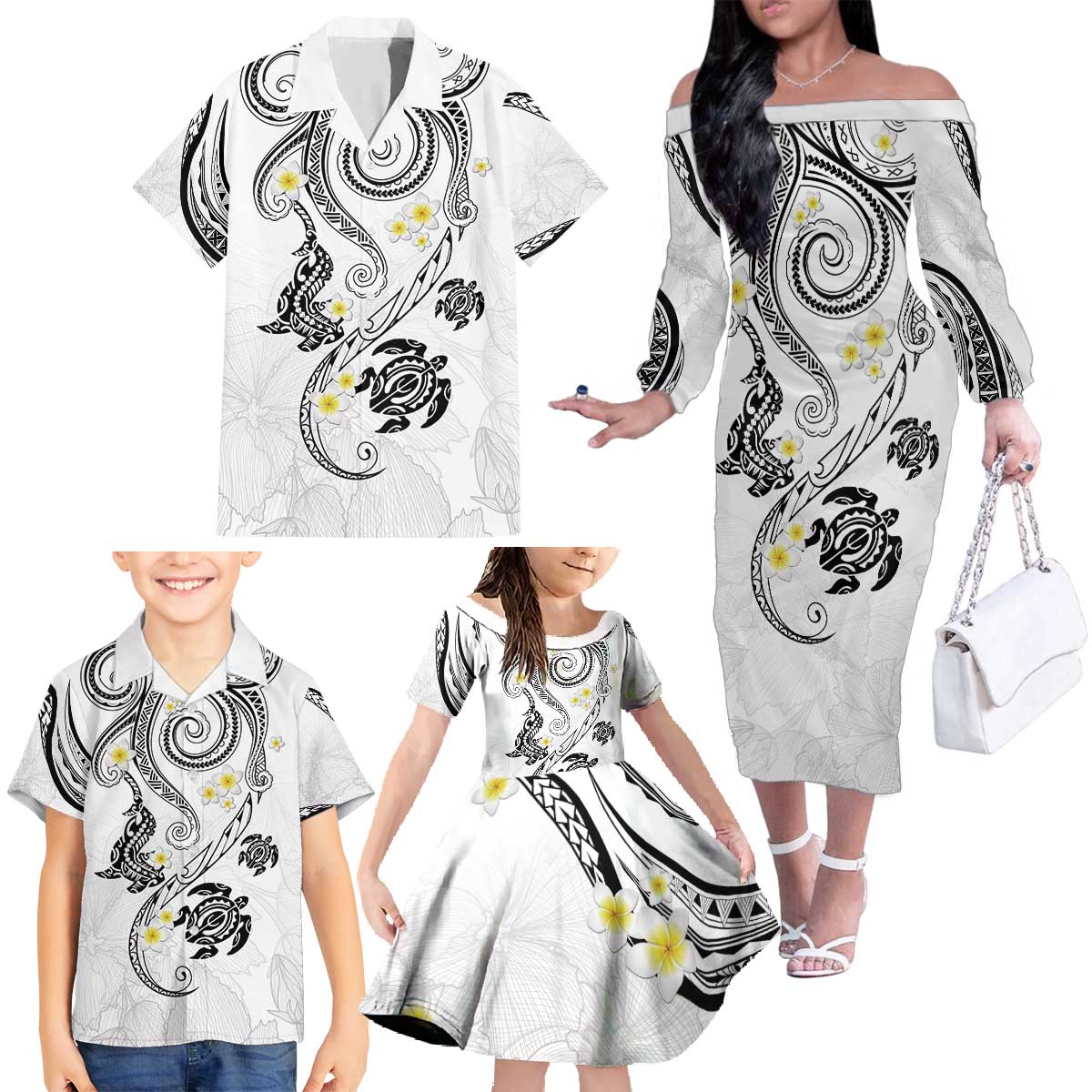 Polynesia Tribal Family Matching Off The Shoulder Long Sleeve Dress and Hawaiian Shirt White Plumeria Tentacles LT7 White - Polynesian Pride