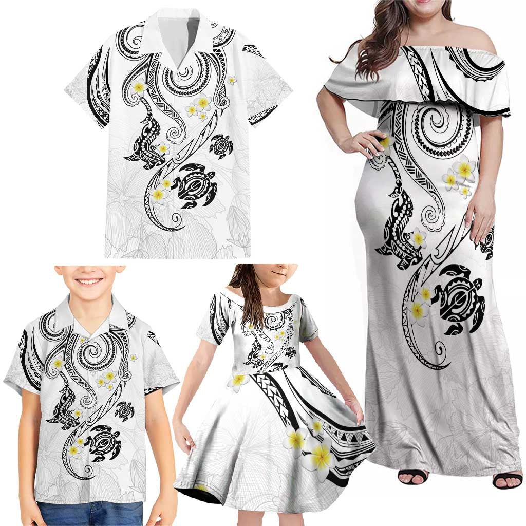 Polynesia Tribal Family Matching Off Shoulder Maxi Dress and Hawaiian Shirt White Plumeria Tentacles LT7 - Polynesian Pride