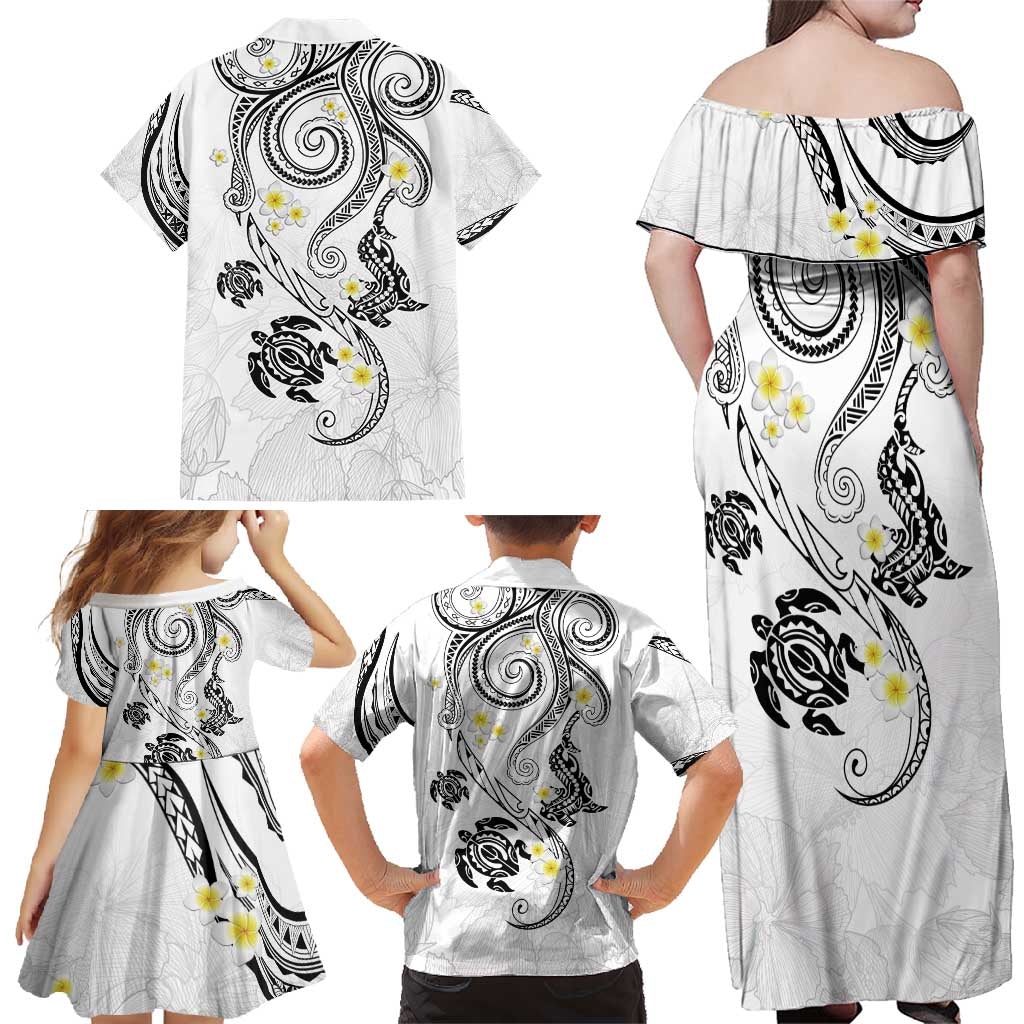 Polynesia Tribal Family Matching Off Shoulder Maxi Dress and Hawaiian Shirt White Plumeria Tentacles LT7 - Polynesian Pride