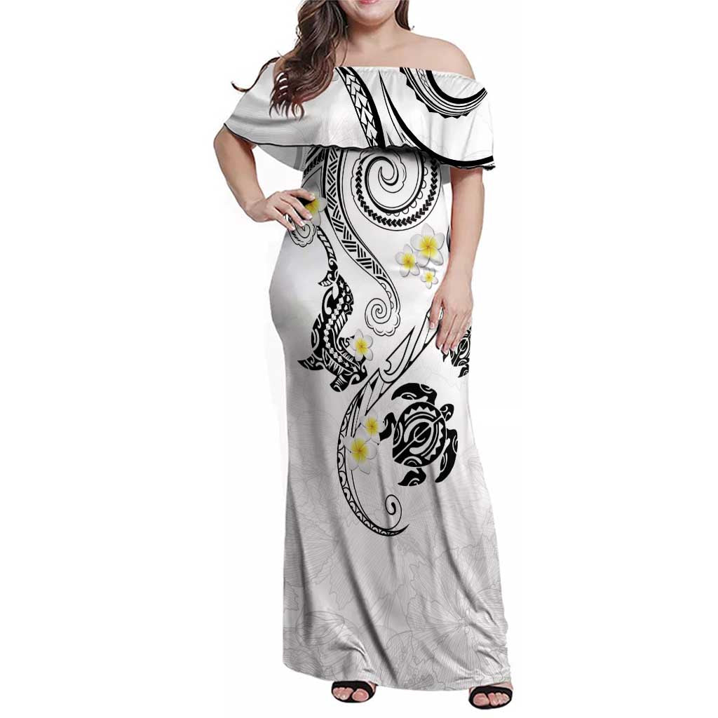 Polynesia Tribal Family Matching Off Shoulder Maxi Dress and Hawaiian Shirt White Plumeria Tentacles LT7 Mom's Dress White - Polynesian Pride