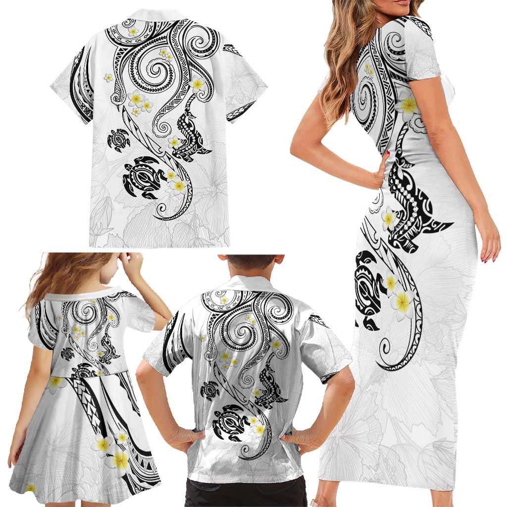 Polynesia Tribal Family Matching Short Sleeve Bodycon Dress and Hawaiian Shirt White Plumeria Tentacles LT7 - Polynesian Pride