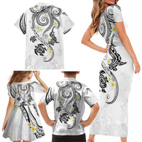 Polynesia Tribal Family Matching Short Sleeve Bodycon Dress and Hawaiian Shirt White Plumeria Tentacles LT7 - Polynesian Pride