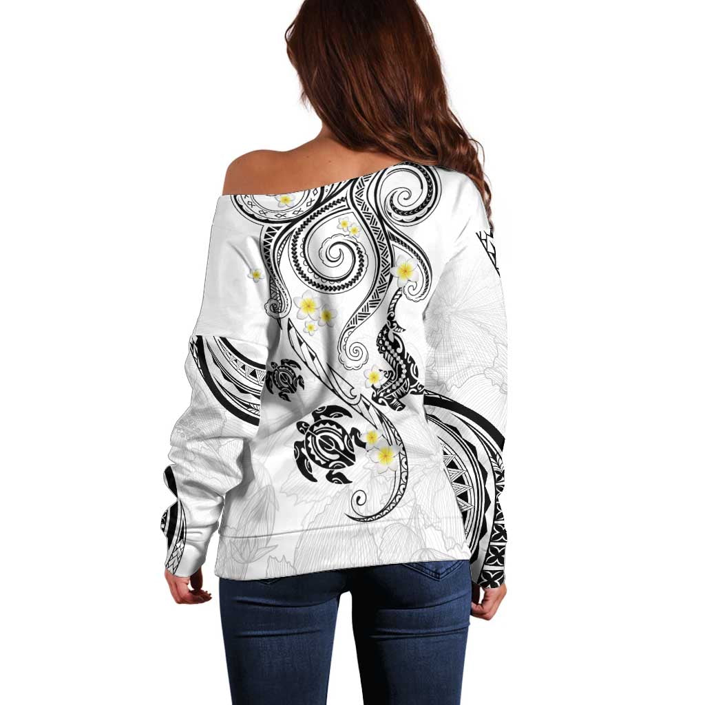Polynesia Tribal Off Shoulder Sweater White Plumeria Tentacles LT7 - Polynesian Pride