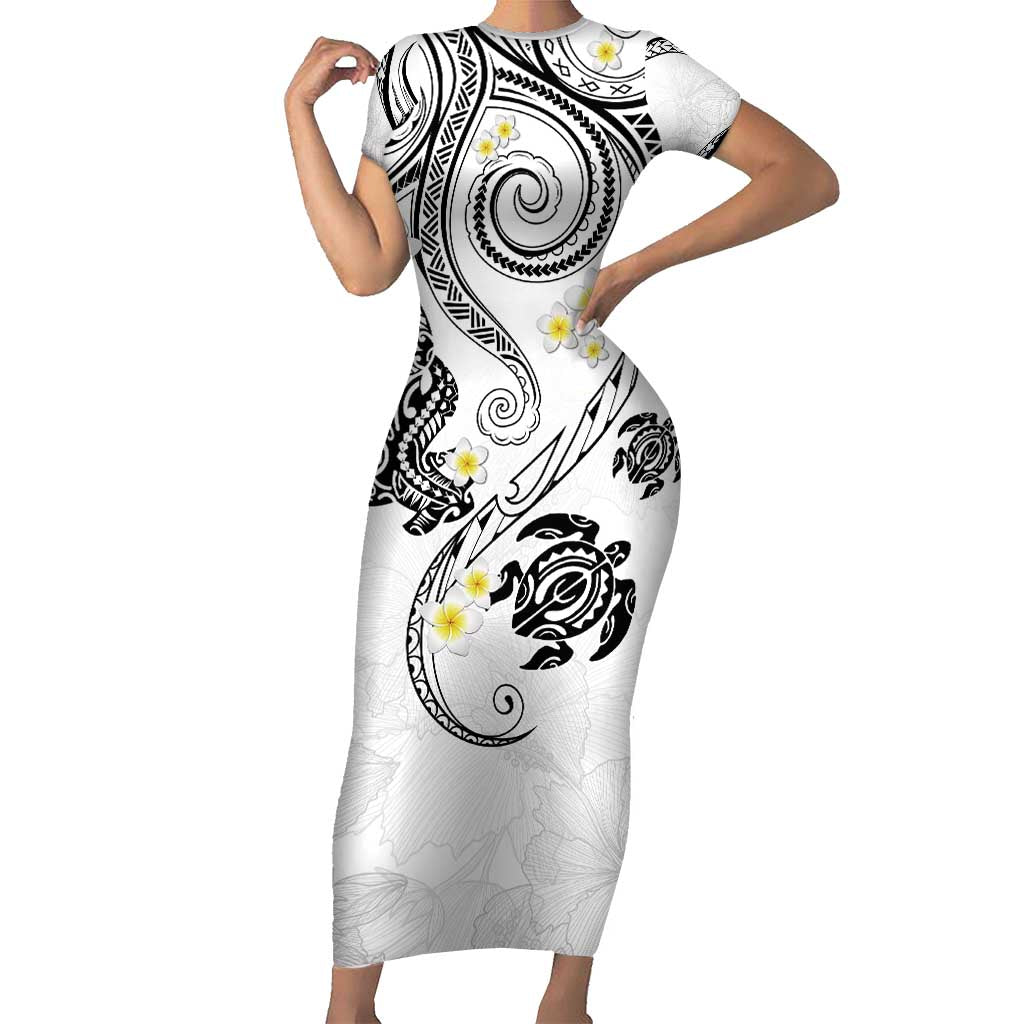 Polynesia Tribal Short Sleeve Bodycon Dress White Plumeria Tentacles LT7 Long Dress White - Polynesian Pride