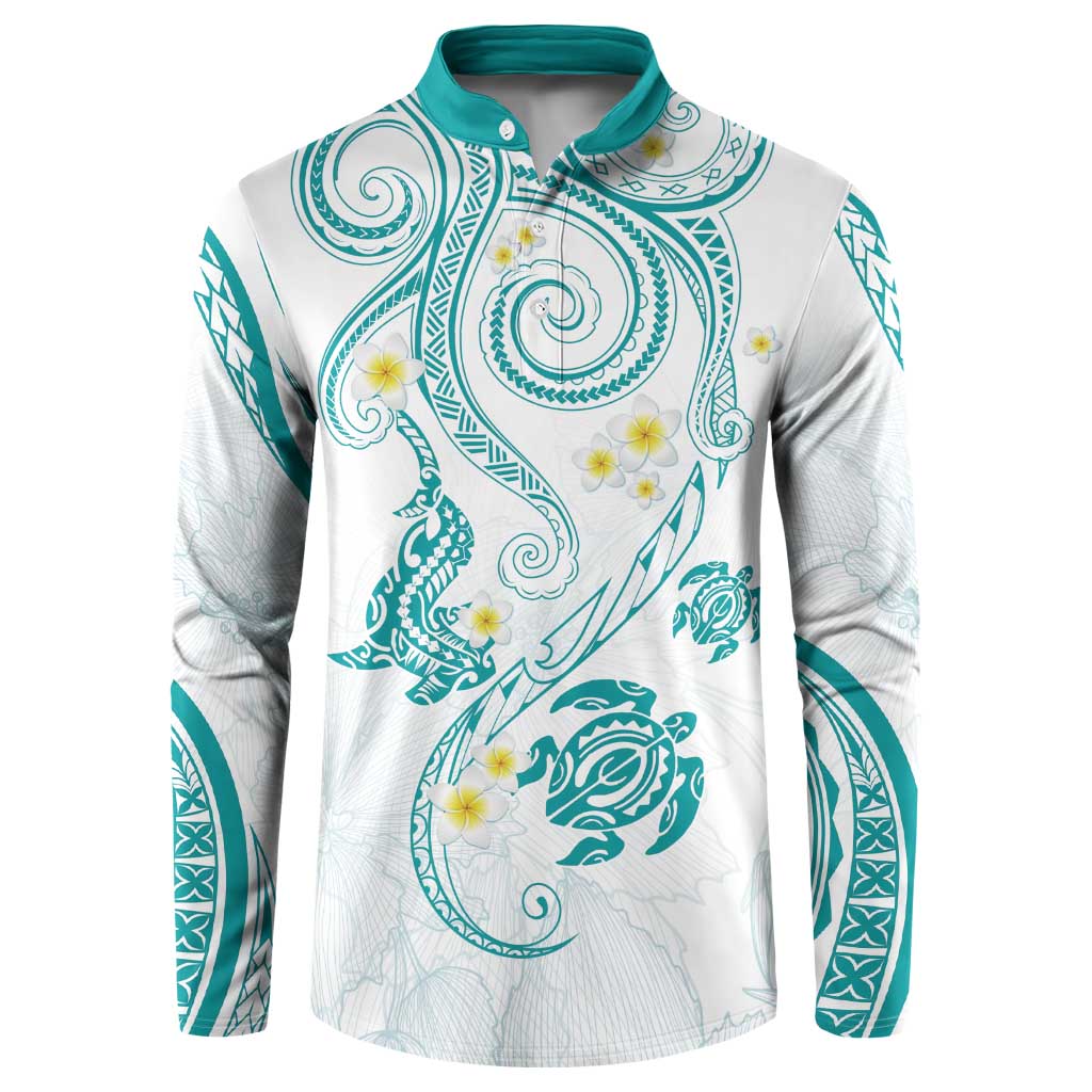 Polynesia Tribal Button Sweatshirt Teal Plumeria Tentacles