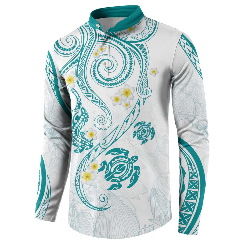 Polynesia Tribal Button Sweatshirt Teal Plumeria Tentacles