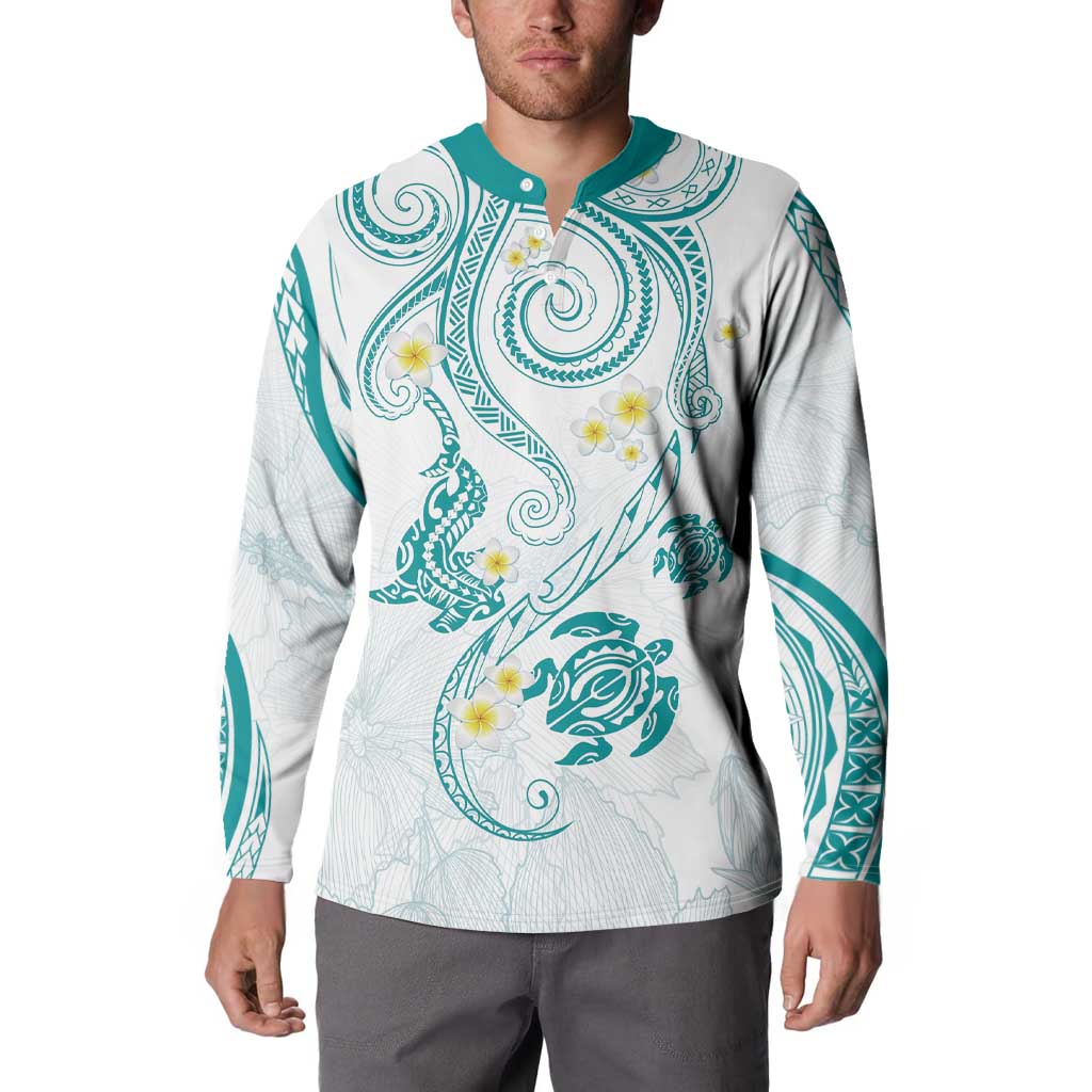 Polynesia Tribal Button Sweatshirt Teal Plumeria Tentacles