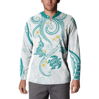 Polynesia Tribal Button Sweatshirt Teal Plumeria Tentacles