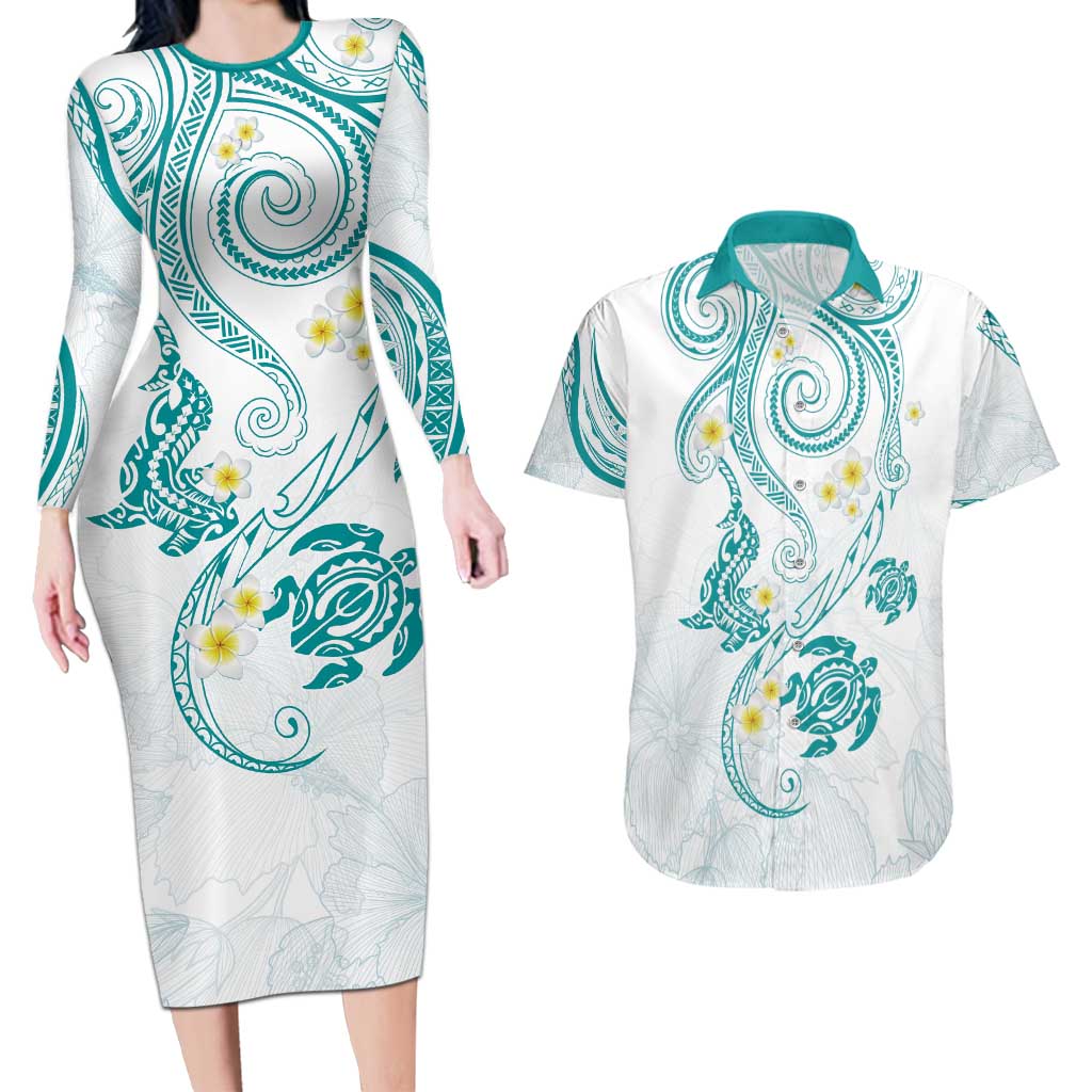 Polynesia Tribal Couples Matching Long Sleeve Bodycon Dress and Hawaiian Shirt Teal Plumeria Tentacles LT7 Teal - Polynesian Pride