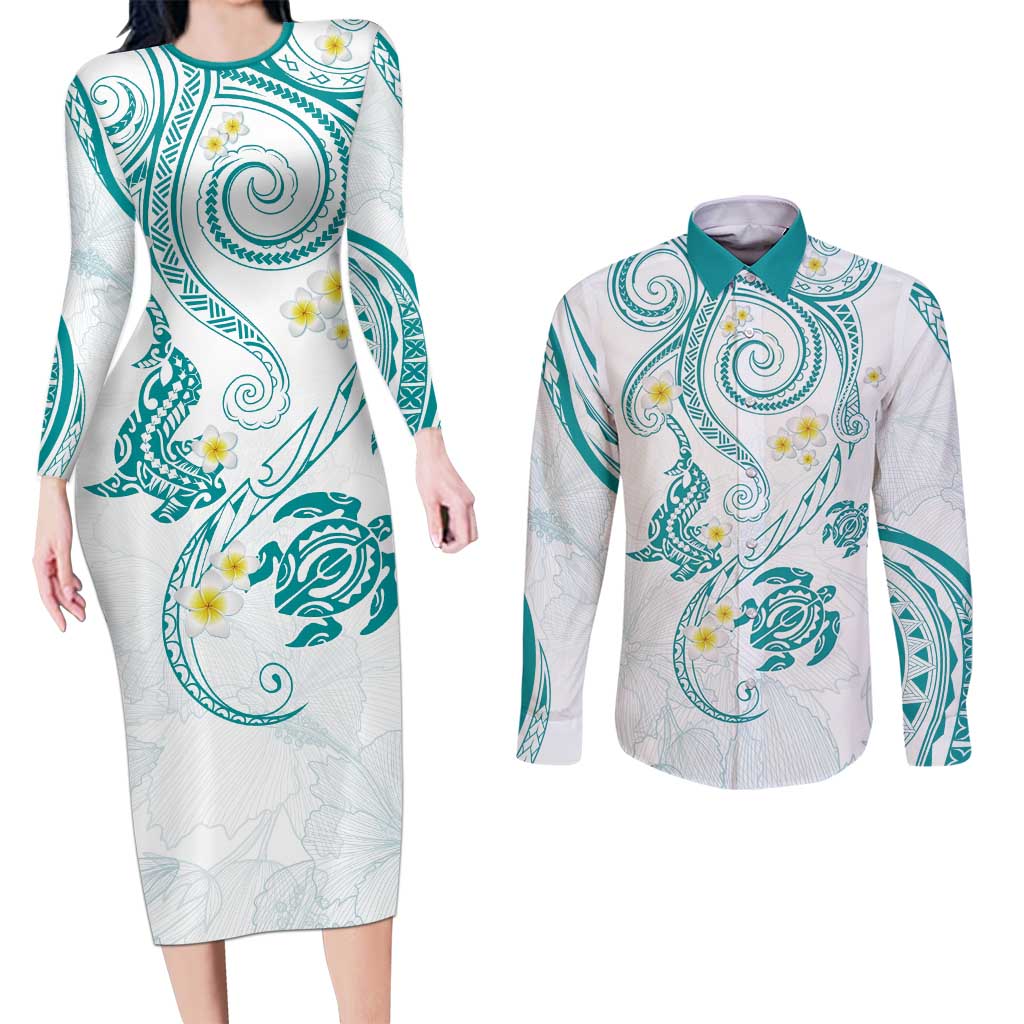 Polynesia Tribal Couples Matching Long Sleeve Bodycon Dress and Long Sleeve Button Shirt Teal Plumeria Tentacles LT7 Teal - Polynesian Pride