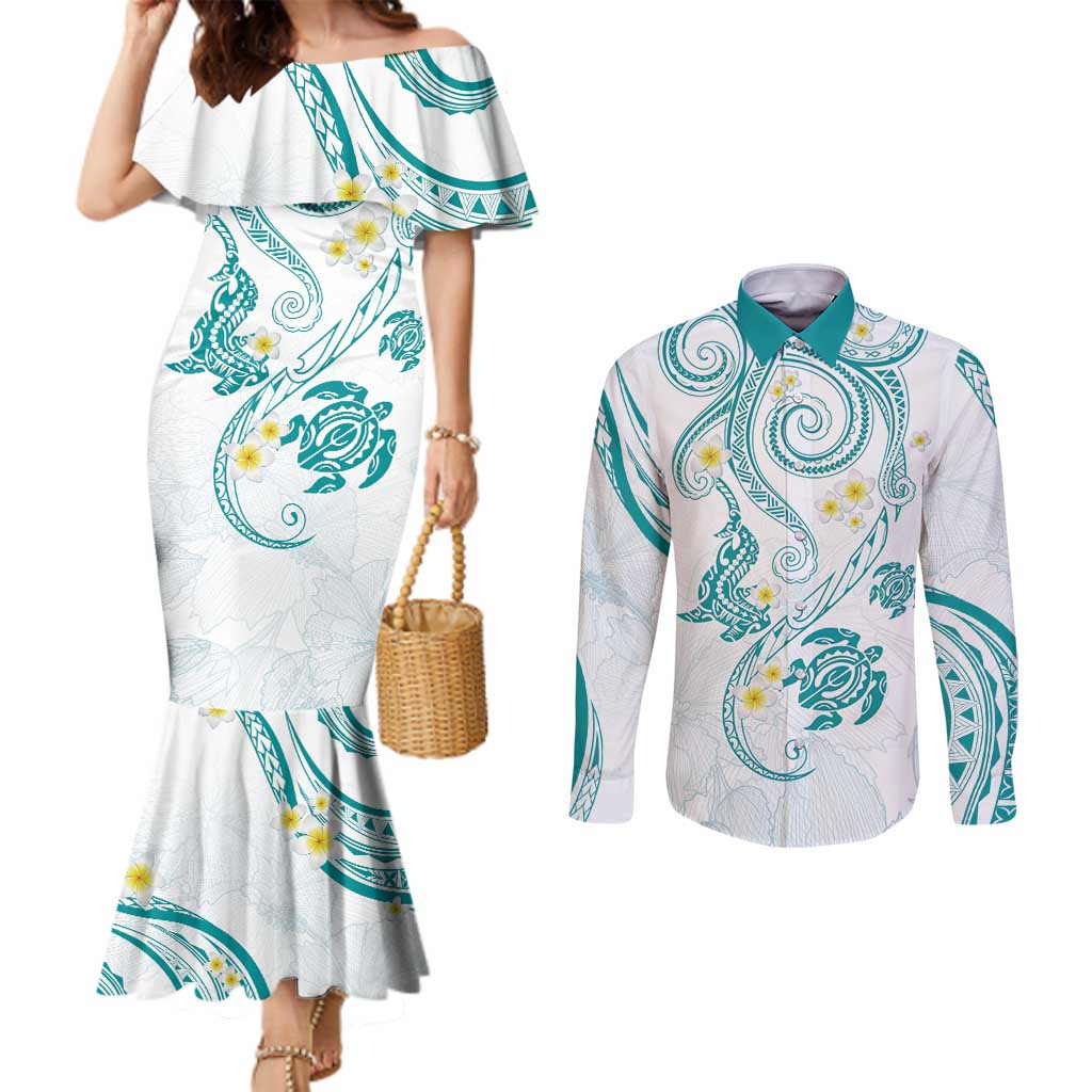 Polynesia Tribal Couples Matching Mermaid Dress and Long Sleeve Button Shirt Teal Plumeria Tentacles LT7 Teal - Polynesian Pride